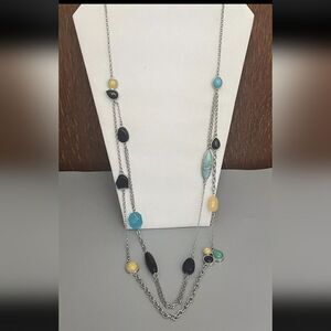 VTG Chico’s 2-Strand Necklace 39” Faux-Black-Turquoise-Yellow Silver Tone Chain